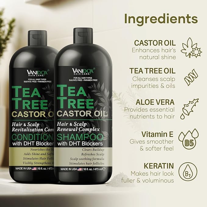 Tea Tree Oil Shampoo and Conditioner Set with Castor Oil, DHT Blockers, Itchy Scalp Relief, Supports Fuller Hair, Cleanses Dandruff & Buildup, For Men & Women, Made in USA, 16 fl oz Each-Velvo Beauty