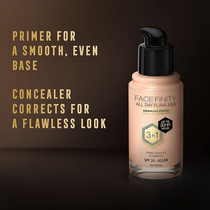 Max Factor Facefinity All Day Flawless 3 In 1 Foundation SPF 20, No. 55 Beige-Velvo Beauty