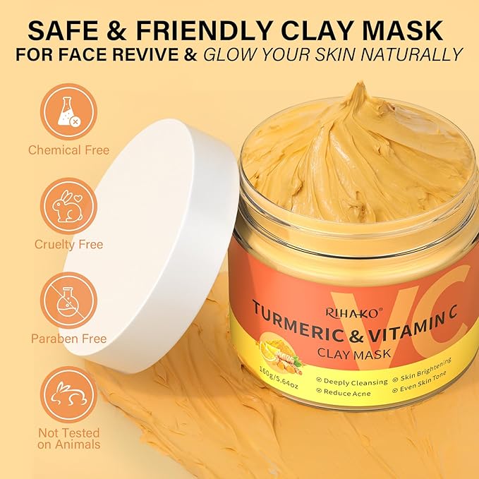 Turmeric Vitamin C Clay Mask -Turmeric Facial Mask - Brightening Clay Face Mask Skincare, Deep Cleansing Face Mask, Acne Face Mask for for Dark Spots, Dull Skin, Refining Pores and Controlling Oil-Velvo Beauty