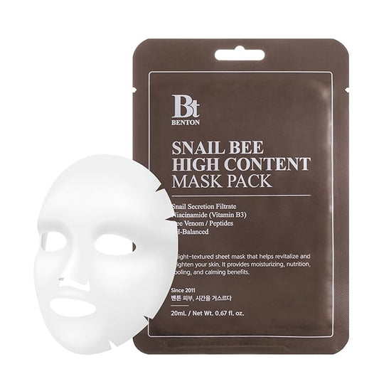BENTON Snail Bee High Content Mask Pack (20g / 10 Sheets) - Snail Mucin Face Mask With Bee Venom | Korean Skin Care Face Mask Sheets For Moisturizing, Soothing and Nourishing-Velvo Beauty