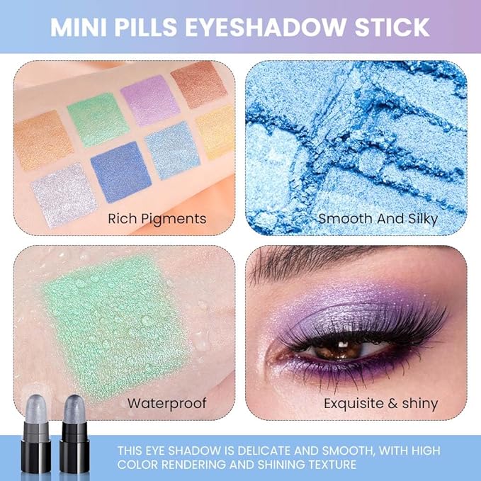 evpct 12Pcs Capsule Cream Eye Shadow Brightener Sticks Set for Eyes, Pearl White Smokey Black Gray Khaki Royal Blue Violet Purple Silver Shimmer Matte Pencil Eye shadow Applicator Stick Palette Makeup-Velvo Beauty