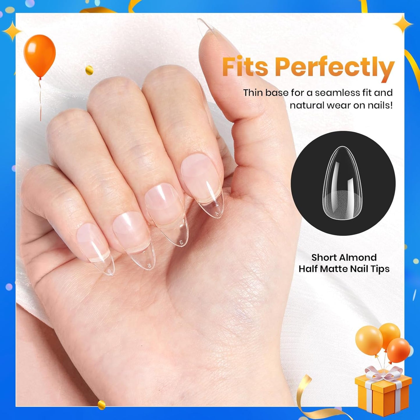 Beetles Short Almond Nail Tips: 12 Sizes 288 PCS Half Matte Full Cover Gel Tips Clear Acrylic Gel Nail Tips Almond Shape for DIY Extension-Velvo Beauty