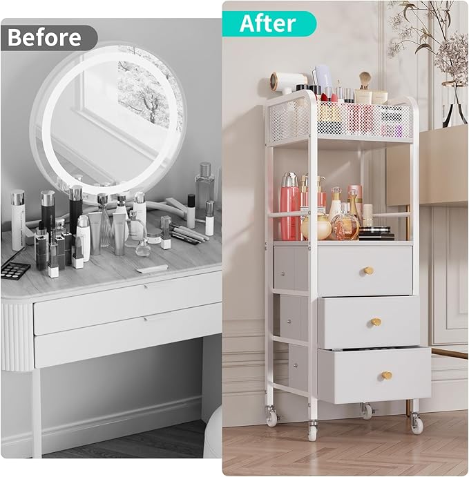 HapiRm Rolling Makeup Cart Organizer - Floor Skincare Make Up Storage with 3 Drawers, Vanity Organizer Cosmetic Display Cases Holder for Skin Care Perfume Nail Polish Brush Hair Tool, White-Velvo Beauty