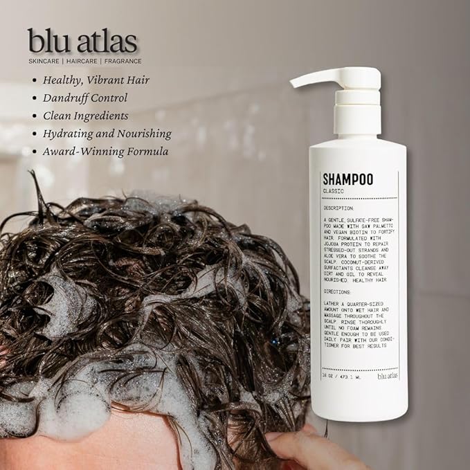Blu Atlas Men's Natural Shampoo – Organic, Sulfate-Free, Paraben-Free – Deep Cleansing & Hydrating – Classic Scent (Bergamot, Sage, Patchouli) – Made in America– 16 oz-Velvo Beauty