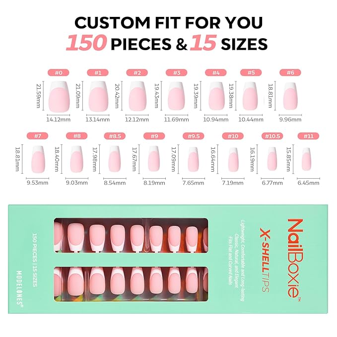 modelones French Tip Press on Nails, 150Pcs Short Coffin Fake Nails with Nail Box, Pink & White Gel Nail Tips for Women, Soft Glue-On Nails for Natural Salon Look, DIY Nail Art Kit (15 Sizes)-Velvo Beauty