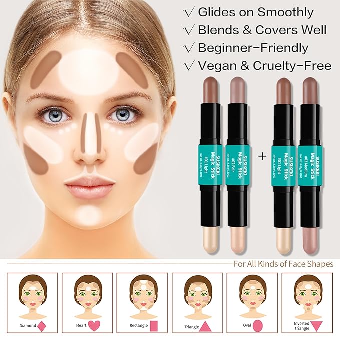 Contour Stick, 4Pcs Dual-Ended Highlighter Makeup Pen & Contouring Stick for Face Shaping, Long Lasting Waterproof Cream Bronzer & Highlight Sticks Make Up Kit for All Skin Tones(Set A+Set B)-Velvo Beauty