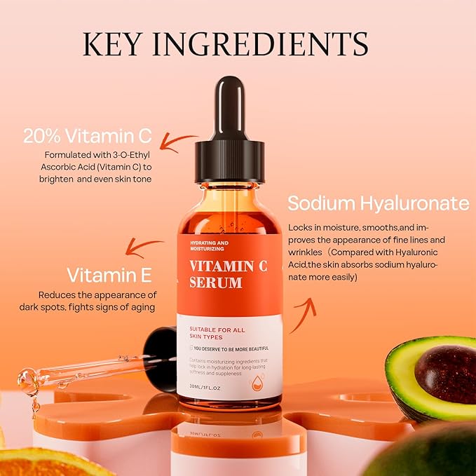 Vitamin C Serum For Face-Anti Aging & Wrinkle Facial Serum With Vitamin C,Sodium Hyaluronate,Vitamin E And More,Skin Brightening Serum For Dark Spots,Fine Lines & Dull Skin,1 Fl Oz-Velvo Beauty