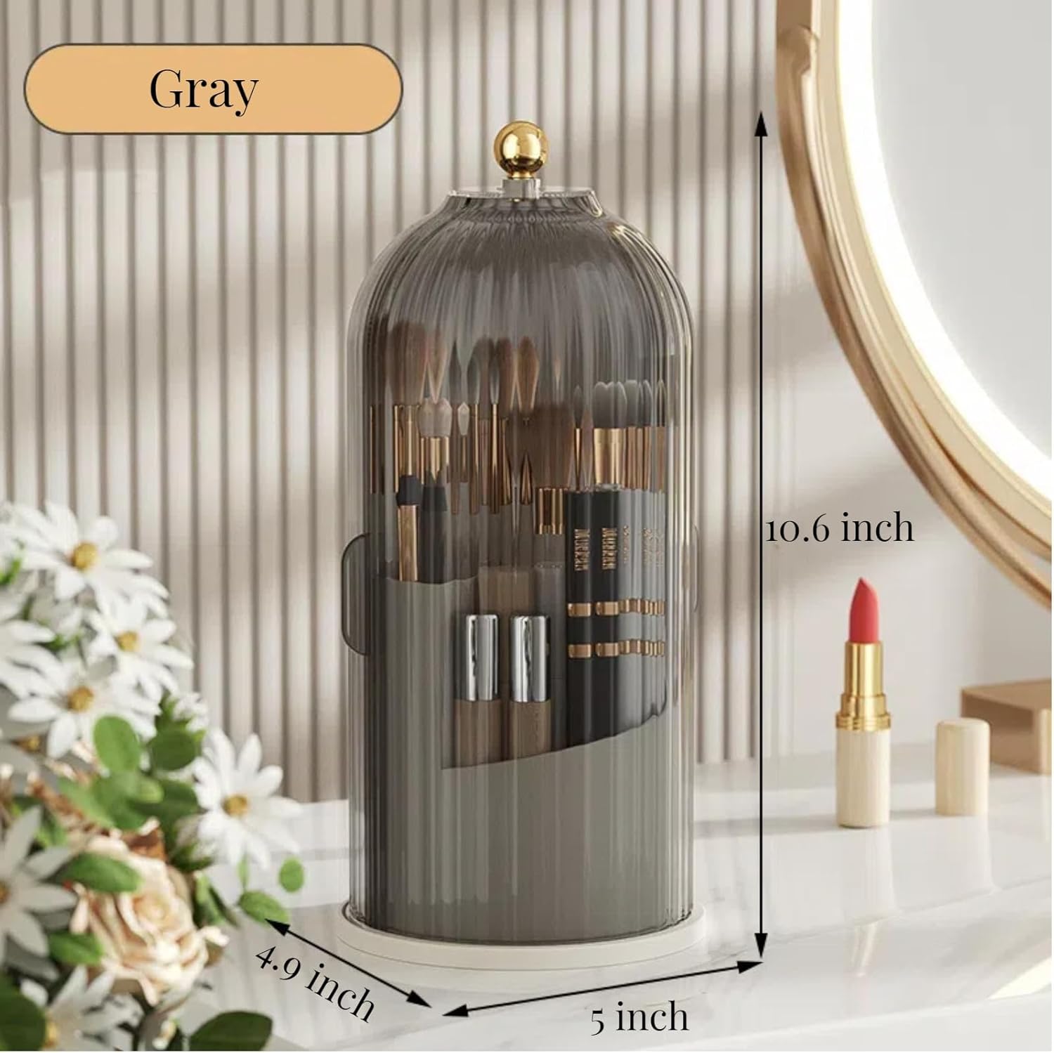B-H1 Makeup Brush Holder with Dustproof Cover 360 Rotating Makeup Brushes Organizer for Vanity Desktop Bathroom (Gray)-Velvo Beauty