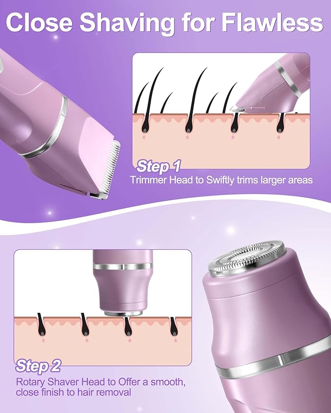 Dermave Bikini Shaver - 2 in 1 Waterproof Bikini Trimmer for Women Cordless Electric Razors for Women, Dry/Wet Use for Bikini, Armpit, Face, Rechargeable Shaver with Detachable Head, Pearl Purple-Velvo Beauty