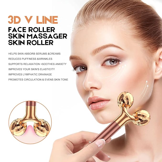 2-IN-1 Beauty Bar 24k Golden Pulse Facial Face Massager, Electric 3D Roller and T Shape Arm Eye Nose Head Massager Facial Roller Massager Kit Skin Care Tools-Velvo Beauty