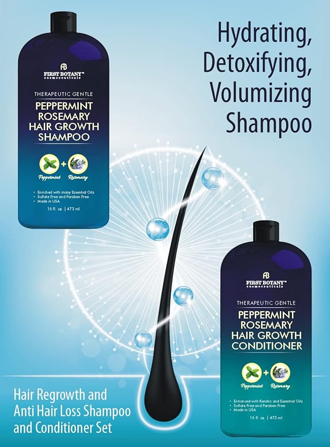 First Botany, Peppermint Rosemary Hair Regrowth and Anti Hair Loss Shampoo and Conditioner Set - Daily Hydrating, Detoxifying, Volumizing Shampoo and Fights Dandruff For Men and Women 16 fl oz x 2-Velvo Beauty