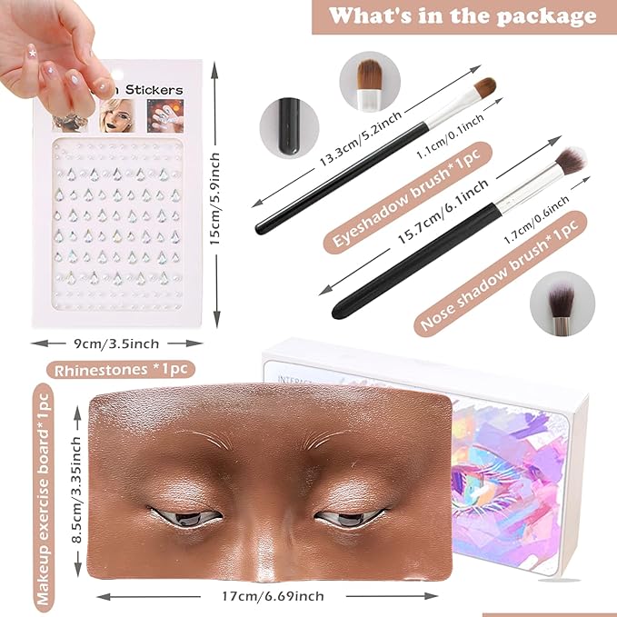 Silicone Makeup Mannequin Face, Makeup Practice Face Board for Makeup Artist Supplies, Mannequin Face for Makeup Practice with Makeup Brushes Rhinestones Sticker(Black)-Velvo Beauty
