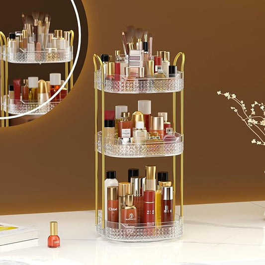 Awenia Rotating Makeup Organizer 360, Stackable Adjustable Large Capacity Cosmetic Storage Unit,Dresser Bathroom Kitchen Countertop Organizer with Metal Handle, Plus Size (Clear, 3 Tier)-Velvo Beauty