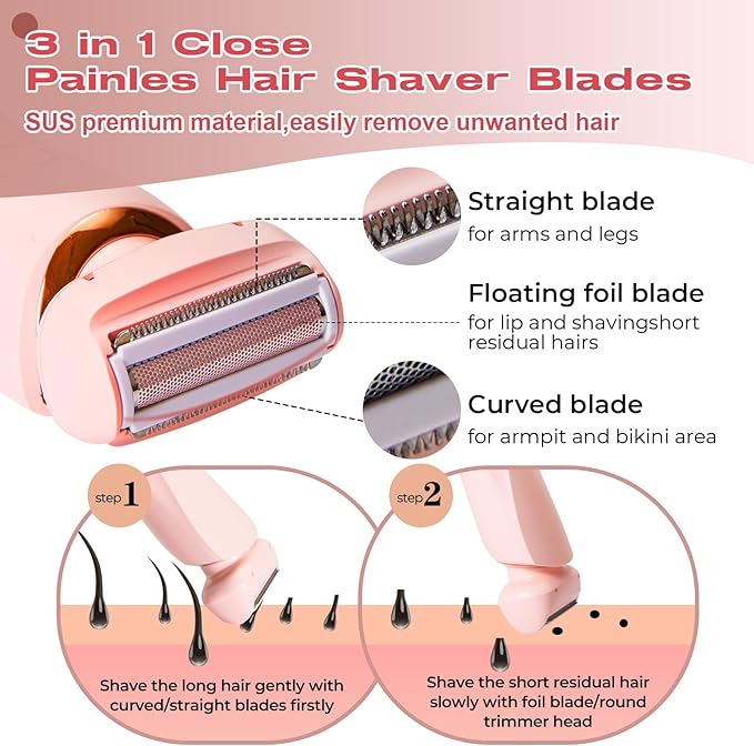Livora Electric Shaver for Women,2 in 1 Wet & Dry Painless Hair Removal with 2 Removable Heads,Rechargeable Cordless Womens Razor for Bikini,Legs,Arms,Underarm Area,IPX7 Waterproof(Pink)-Velvo Beauty