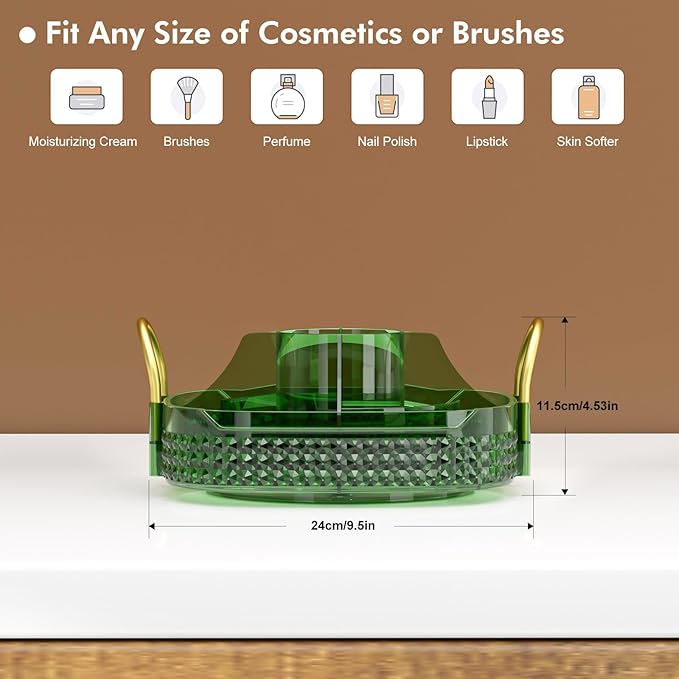 Awenia Rotating Makeup Organizer 360, Stackable Adjustable Large Capacity Cosmetic Storage Unit,Dresser Bathroom Kitchen Countertop Organizer with Metal Handle, Plus Size (Gem Green, 1 Tier)-Velvo Beauty