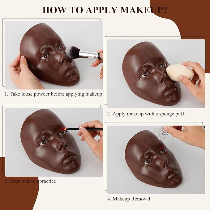 5D Makeup Practice Face Board, Makeup Practice Accessories Set with Face Painting Mannequin Head, Makeup Brushes, Face Painting and 2-in-1 Dual-Ended Eyebrow Pen, Makeup Practice Gift, Dark Brown-Velvo Beauty