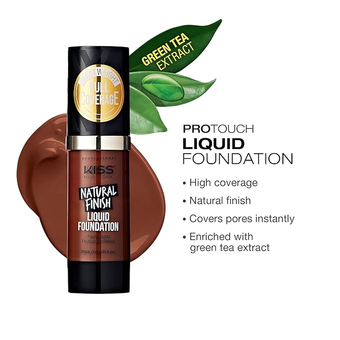 Kiss New York Professional Liquid Foundation - Lightweight and Hydrating Formula, Natural Finish, Control Shine, Cover Pores, Medium to Full Coverage, Green Tea Extract (Sienna)-Velvo Beauty
