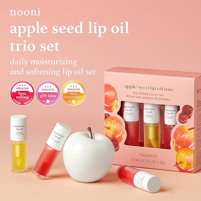 NOONI Korean Lip Oil Gift Set - Appleseed Lip Oil Trio, Tinted Lip Care, Hydrating, Lip Plumping, Long Lasting Moisture, Korean Vegan Makeup for Women, 0.12 Fl Oz x 3ea-Velvo Beauty