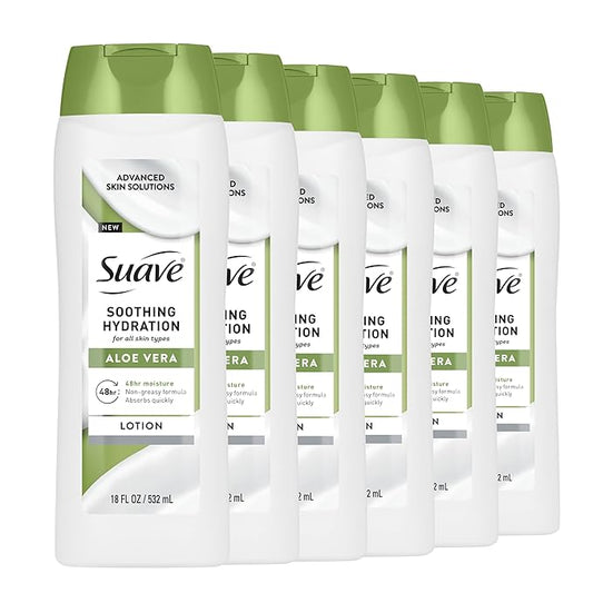 Suave Soothing Hydration Hand & Body Lotion With Aloe Vera Refreshes Dry Skin, Fast Absorbing, Intensive Moisturizing Cream For Women, Non Greasy, Allergen Free, 18 FL OZ, 6 Pack-Velvo Beauty