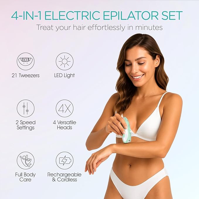 Epilator for Women-Cordless Epilators Hair Removal for Women, 4-in-1 Electric Razor Hair Remover, 2 Speeds & 21 Tweezers for Face Legs Arms Armpit Bikini, Green HR310-Velvo Beauty
