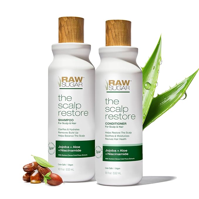 Raw Sugar Scalp Restore Hair Care Bundle, Shampoo and Conditioner Set with Jojoba, Aloe and Niacinamide, Formulated without Sulfates + Parabens-Velvo Beauty