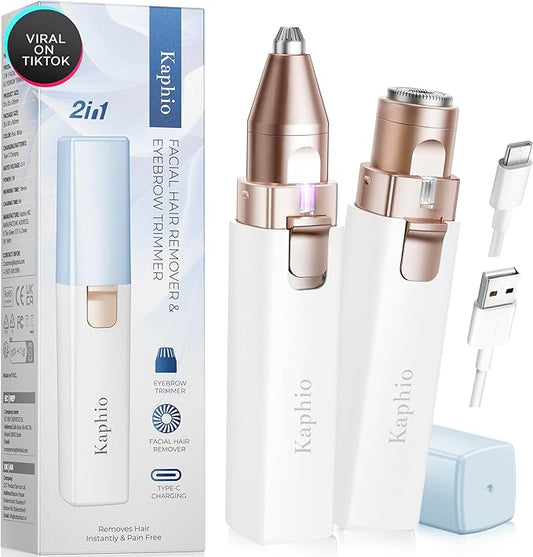 Facial Hair Removal for Women: 2 in 1 Electric Hair Removal Device for Chin Upper Lip Peach Fuzz & Rechargeable Eyebrow Trimmer for Shape Brows with Light (Blue)-Velvo Beauty
