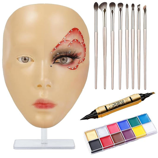 Makeup Practice Face, Eye Makeup Practice Head Silicone, Makeup Practice Accessories Set with Face Painting Mannequin Head, Makeup Brushes, Face Painting and Eyebrow Pen, Makeup Practice Gift, Yellow-Velvo Beauty