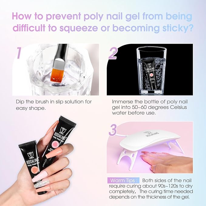 ROSALIND 38PCS Poly Nail Gel Kit with Mini Nail Lamp Neon Blue Poly Extension Gels Kit Hot Pink Nude Poly Nails Set-Velvo Beauty