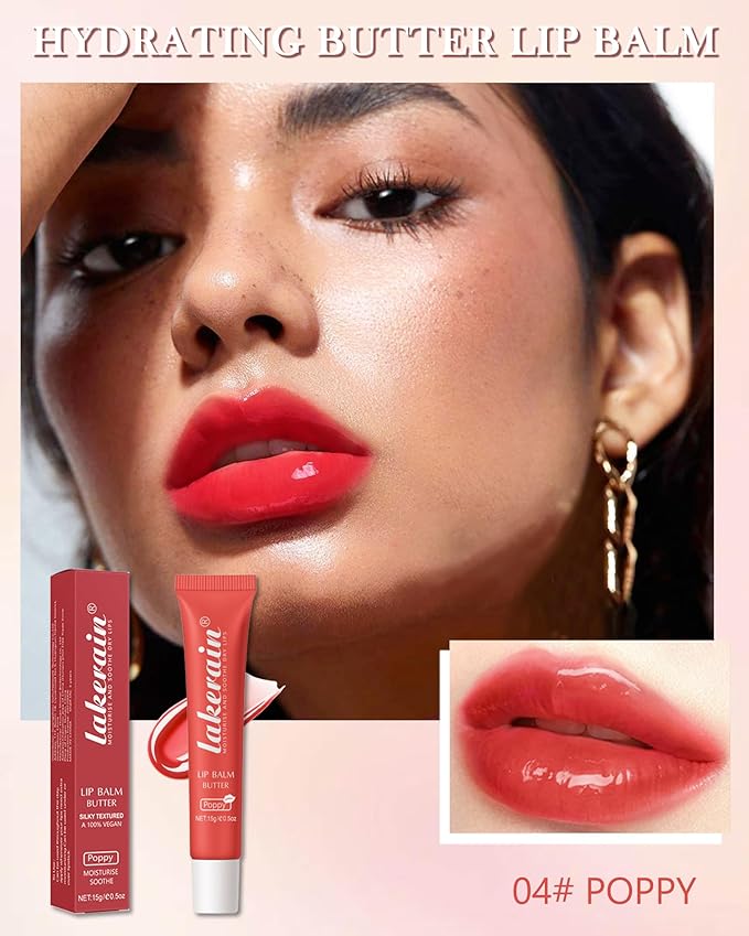 Lip Butter Balm Poppy, Hydrating Tinted Butter Lip Gloss,Clear Lip Mask Lip Care Moisturizer,Smooth Lip Treatment Balm, Non-Sticky Jelly Glow Reviver Fat Lip Oil, Thanksgiving Makeup Gift for Women-04-Velvo Beauty