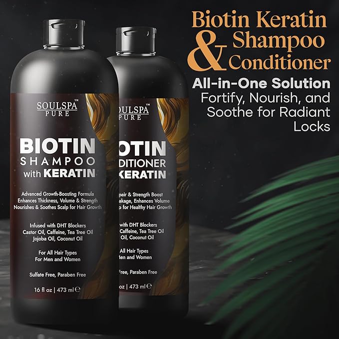 Biotin Shampoo and Conditioner Set with Keratin - Sulfate-Free Advanced Anti-Thinning, Hair Growth Shampoo and Conditioner Combo Repair Formula - with DHT Blockers, for Men & Women - 16 fl oz each-Velvo Beauty