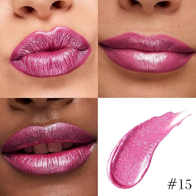 evpct Rose Metallic Glitter Lip Liner and Lipstick Combo Lip Gloss Stain Set Makeup for Women Long Lasting Waterproof 24, Metal Barbie Frosted Metallic Shimmer Glossy Iridescent Liquid Lipstick 15-Velvo Beauty
