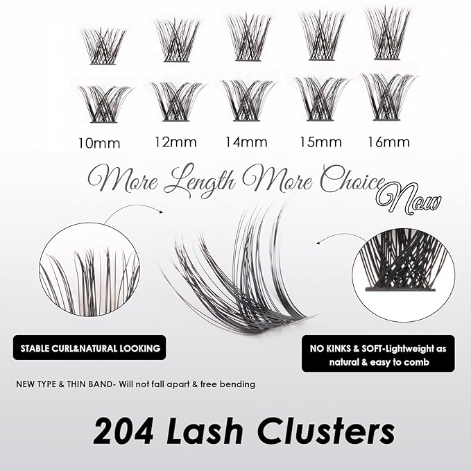 Lash Clusters 204 Pcs Individual Lashes Clusters Eyelash Extensions False Eyelashes DIY Lash Extension Kit Reusable False Eyelashes Natural Look Mix 10-16mm C D Curl(DM01+DM17)-Velvo Beauty