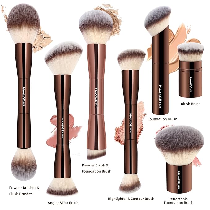 MAANGE 7pcs Makeup Brush Set Double Sided Kabuki Makeup Brushes Contour Brush for Foundation Liquid Powder Concealer Cream Cosmetics Bronzer Blending Blush Buffing Makeup Tools (Coffee)-Velvo Beauty