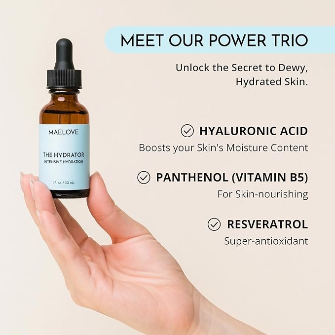 MAELOVE Hydrator Hyaluronic Acid B5 Serum with Resveratrol for Instantly Dewy Glow, Fills Fine Lines, Lightweight and Non Greasy, 1.0 fl oz-Velvo Beauty