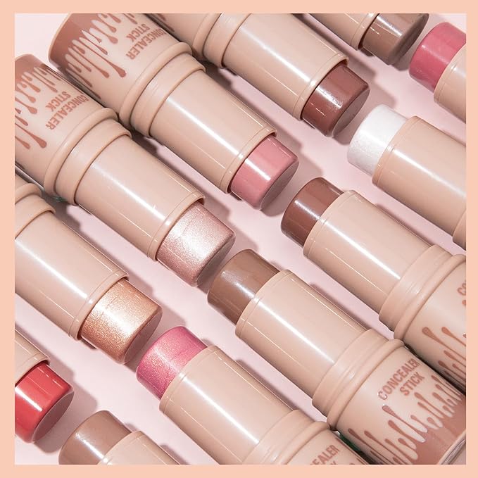 3Pcs Cream Contour Stick, with Highlighter Stick Milk Bronzer Stick Blush Stick, Face Contour Stick Highlighter Makeup with Makeup Brush and Sponge, Easy to Sculpt the Face, Long Lasting-Velvo Beauty