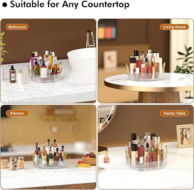 Awenia Rotating Makeup Organizer 360, Stackable Adjustable Large Capacity Cosmetic Storage Unit,Dresser Bathroom Kitchen Countertop Organizer with Metal Handle, Plus Size (Clear, 1 Tier)-Velvo Beauty