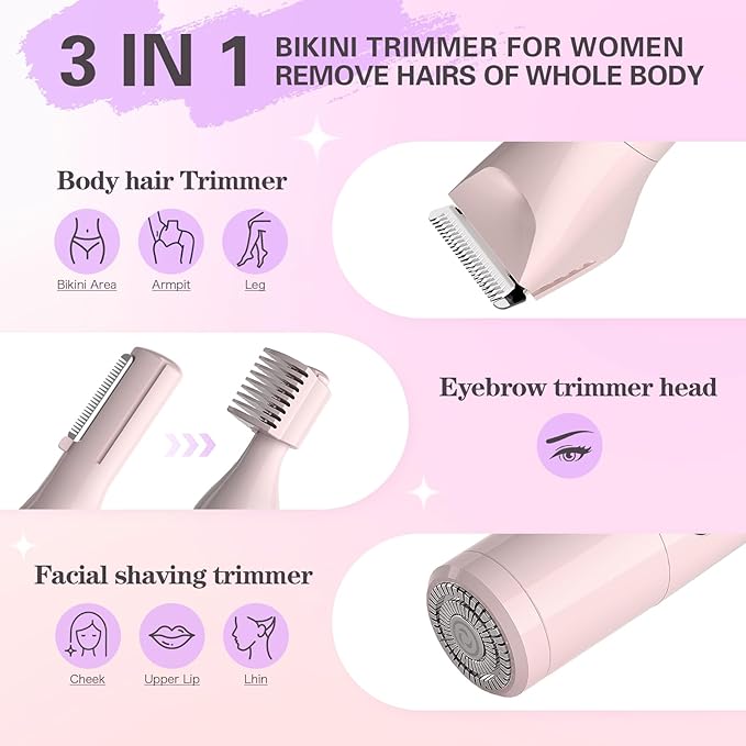 Women Bikini Trimmer - 3 in 1 Easy Cleaning Electric Razors for Women, 5V Rechargeable Pubic Hair Bikini Shaver, Waterproof Wet Dry Hair Remover & Trimmer for Underarm Leg Arm Body Face-Velvo Beauty