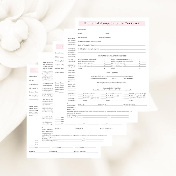 Bridal Makeup Service Contract | 100 Pack | 8.5 x 11" A1 Forms | Makeup Artist Supplies | Bridal Contract | White and Pink Forms-Velvo Beauty