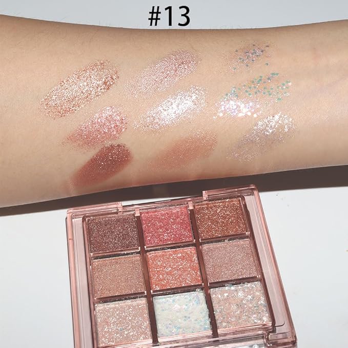 9 Colors Glitter Eyeshadow Palette Naturing-Looking Women Girls Eye Shadow,Pink White Gold Glitter Shimmer Sparkly Eye Shadow Palette Makeup,Warm Pastel Eyeshadows Palette Long Lasting Waterproof-Velvo Beauty