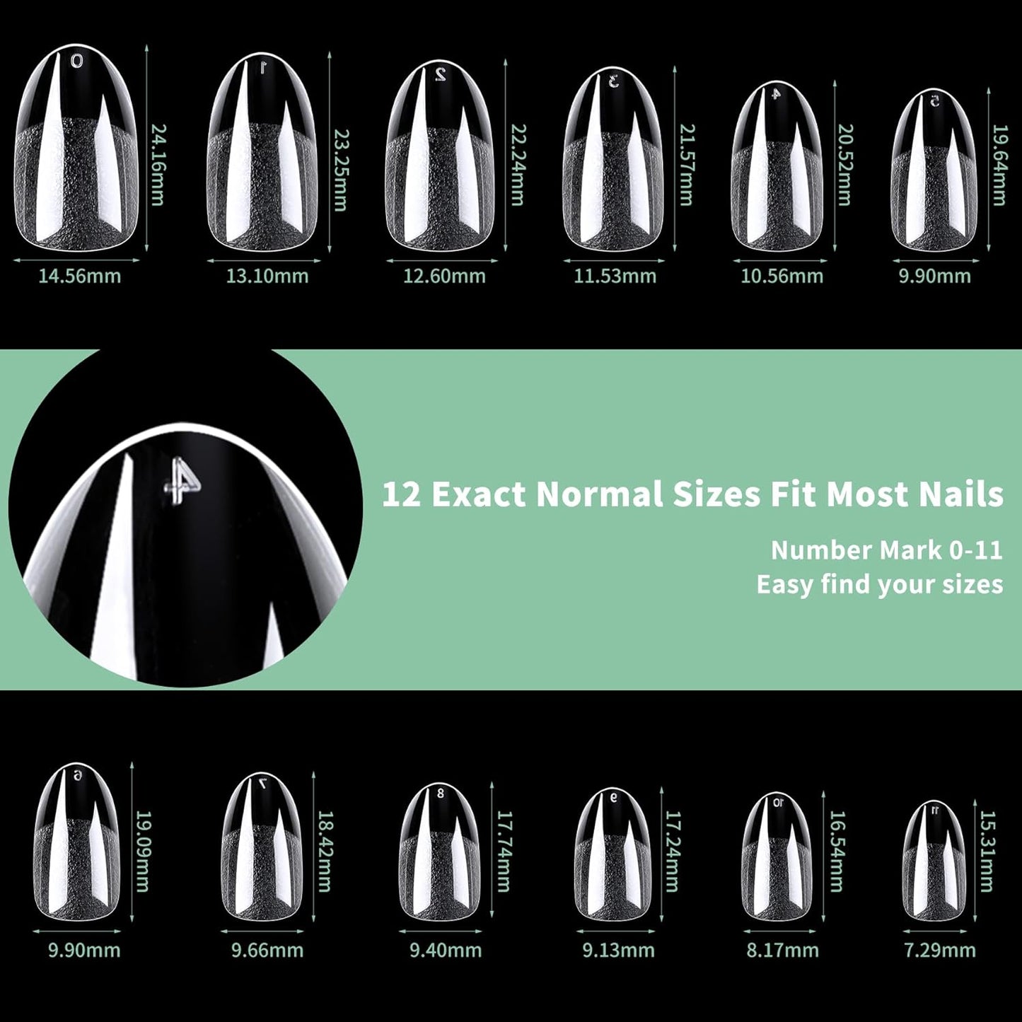 Medium Round Oval Nail Tips, 216pcs Acrylic Fake Nails Gel Nail Tips Soft, Full Cover Pre-Shaped Matte Clear Press on Nails for Extension, Diy at Home Manicure 12 Sizes-Velvo Beauty