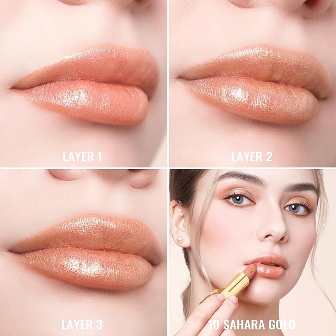 Oulac Nude Lipstick for Women with Metallic 3D Shine Lightweight Hydrating Formula, High Impact Lip Color, Vegan Beauty, Full Coverage Lip Makeup, Christmas Gifts for Women, Sahara Gold(10)-Velvo Beauty