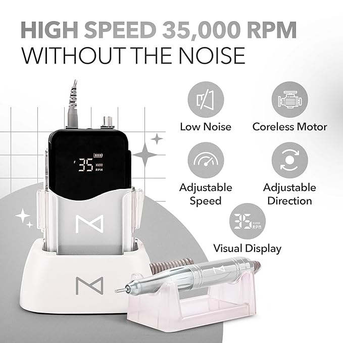 M Mase- Professional Nail Drill Machine - Coreless 2-in-1 Nail File - Electric, Cordless, 35000 RPM, HD Display - Electric Nail Drill for Professional & Home Use (White)-Velvo Beauty