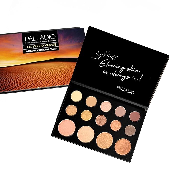 Palladio Sun-Kissed Mirage Eyeshadow Highlighter Palette, Warm Flawless Look, Matte and Shimmer Finishes, 14 Curated to Ensure Rich and Highly Pigmented Colors, All Day Wear (SUN-KISSED)-Velvo Beauty