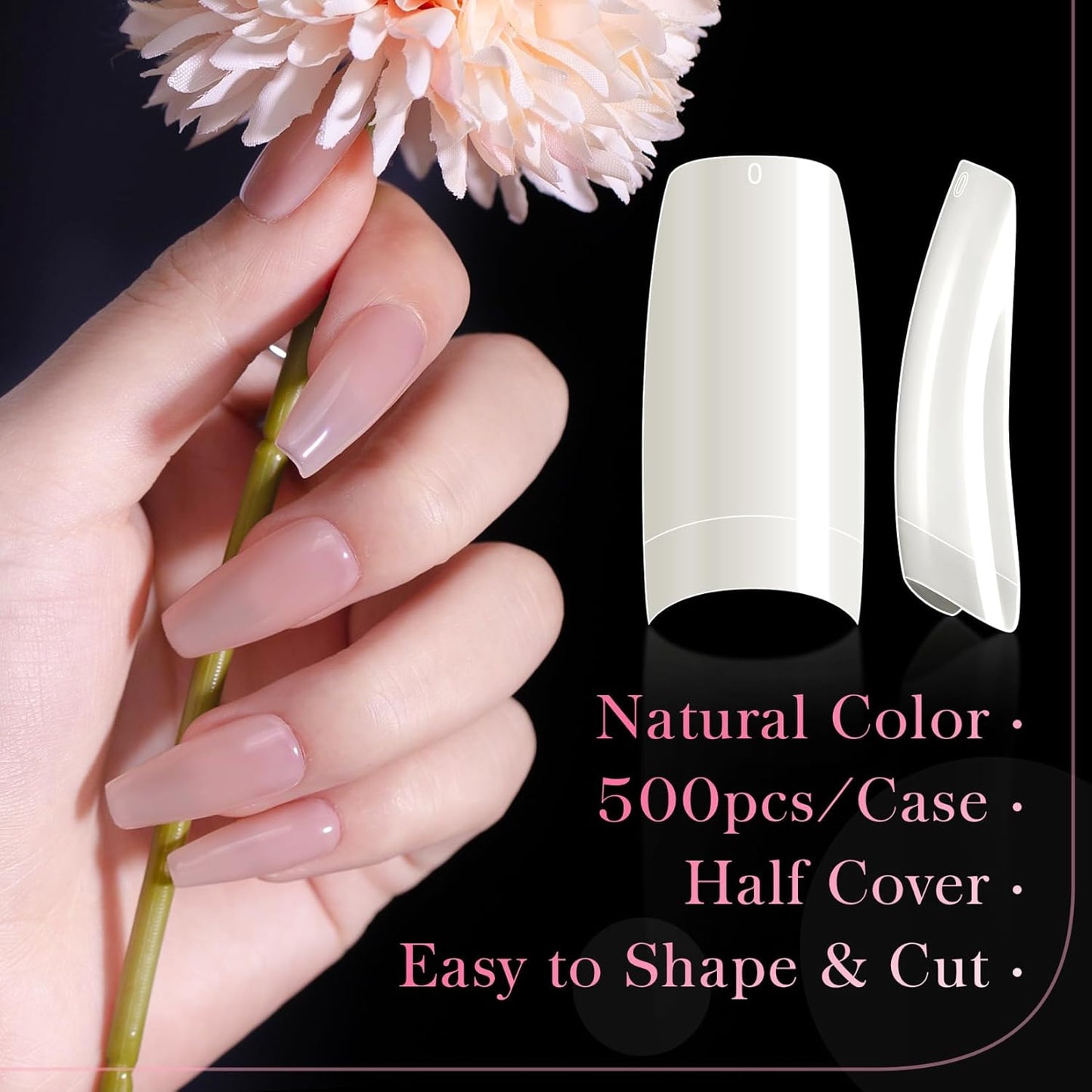 krofaue 500PCS Half Cover False Nails Tips - Acrylic Nail Tips 10 Sizes Lady French Style Acrylic Artificial Tip Manicure with Box for Nail Tips Art Salons and Home DIY-Velvo Beauty