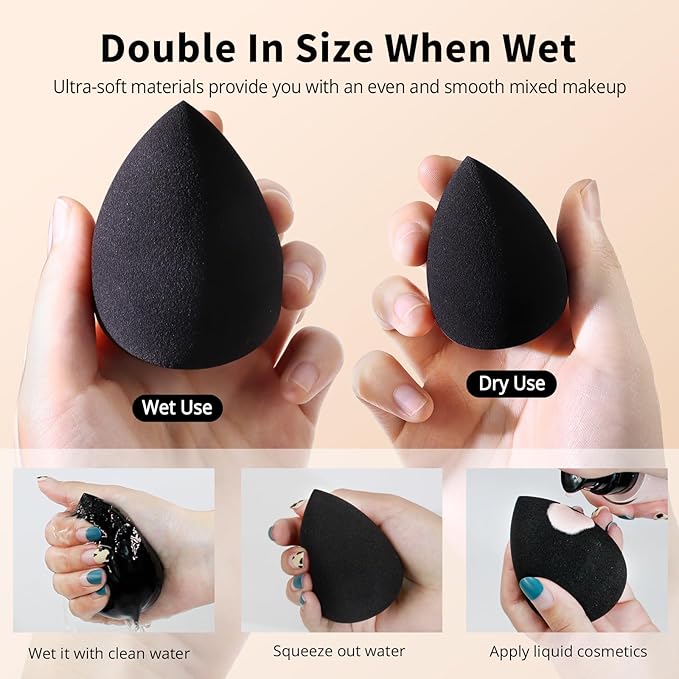 BEAKEY Makeup Sponge Set, 5 Pcs Foundation Blending Sponge, Beauty Sponges Flawless for Liquid, Cream, and Powder, Latex-Free and Vegan Boun Boun Sponges, Makeup Sponges Black-Velvo Beauty