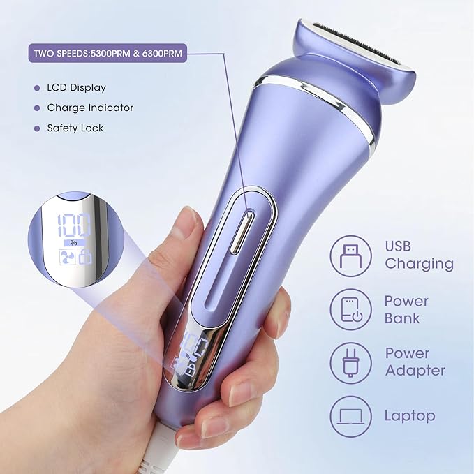 Electric Shavers for Women, 7 in 1 Hair Removal Kit with Epilator Bikini Trimmer Face Razor Body Brush Face Massager Foot Callus Remover, IPX7 Waterproof Lady Razors Set for Legs Armpit Bikini Pubic-Velvo Beauty