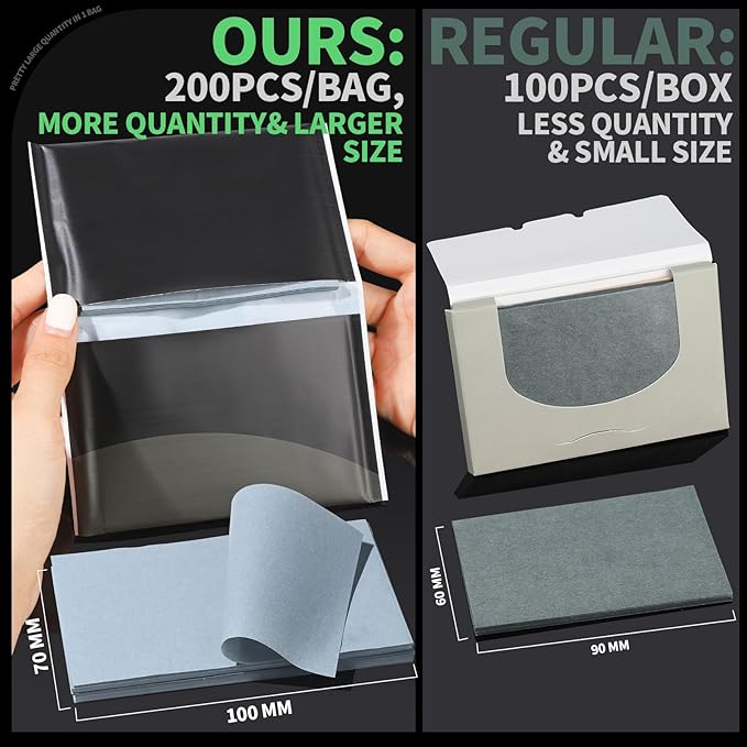 Blotting Paper for Oily Skin, Natural Bamboo Charcoal Blotting Paper, Oil Blotting Sheets for Face, 100 * 70MM Large Oil Absorbing Sheets Makeup Face Tissues, 200 Counts-Velvo Beauty