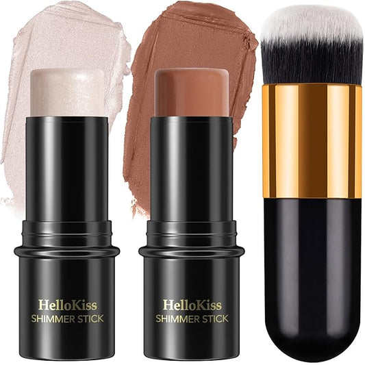 2Pcs Cream Contour Stick Makeup Kit, Cream Highlighter Stick and Bronzer Contour Stick with Longwear Waterproof Formula for Brightening and Trimming the Cheeks, Makeup Brush Include (#01, 06)-Velvo Beauty