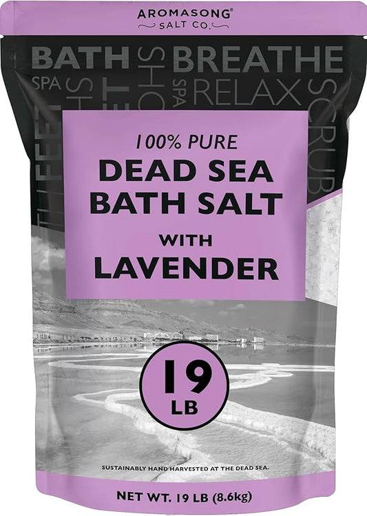 Aromasong Pure Dead Sea Salt for Soaking with 100% Natural Lavender, 19 LB - Spa Bath Salt Fine Grain - Body Wash Scrub - Soak for Women & Men- Bulk Resealable Pack-Velvo Beauty