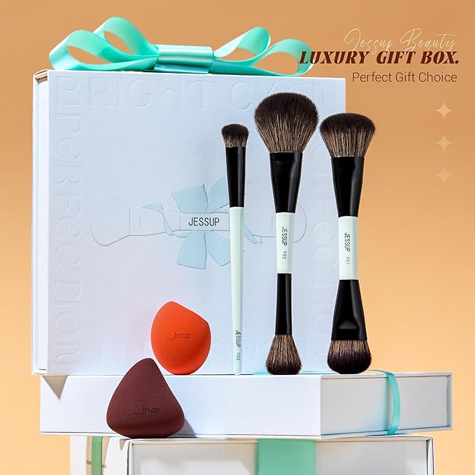 Jessup Face Makeup Brushes with Makeup Sponge, 3pcs Double Ended Makeup Brush for Foundation Contour Blush Highlight and Concealer Brush, Premium Synthetic Brush Set with Gift Box, T510-Velvo Beauty